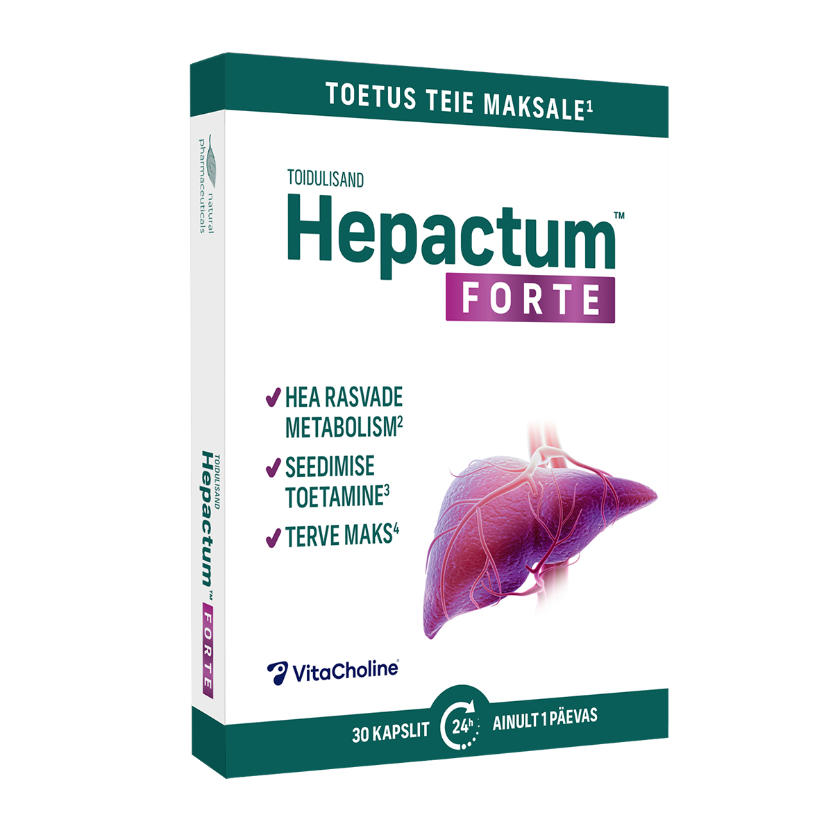 Natural Pharmaceuticals Hepactum&trade; FORTE Hepactum&trade; FORTE toidulisandi pakend. Pakendil on kujutatud inimese maks ja järgmised märked: „Hea rasvade metabolism”, „Seedimise toetamine”, „Terve maks”. Pakendil on märgitud, et pakendis on 30 kapslit ja soovitus võtta üks kapsel päevas.