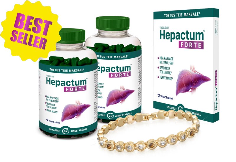 Natural Pharmaceuticals Hepactum&trade; FORTE Hepactum&trade; FORTE toidulisandi reklaamkomplekt. Esimesel plaanil on kaks läbipaistvat pudelit roheliste kapslitega, kõrval toote kartongpakend. Pakenditel on maksa kujutis ja loosungid: „Hea rasvade metabolism”, „Seedimise toetamine”, „Terve maks”. Vasakul ülemises nurgas on kollane täht lilla kirjaga „BEST SELLER”. Allosas on näha kuldne kaunistusranneke ümmarguste elementide ja kivikestega.