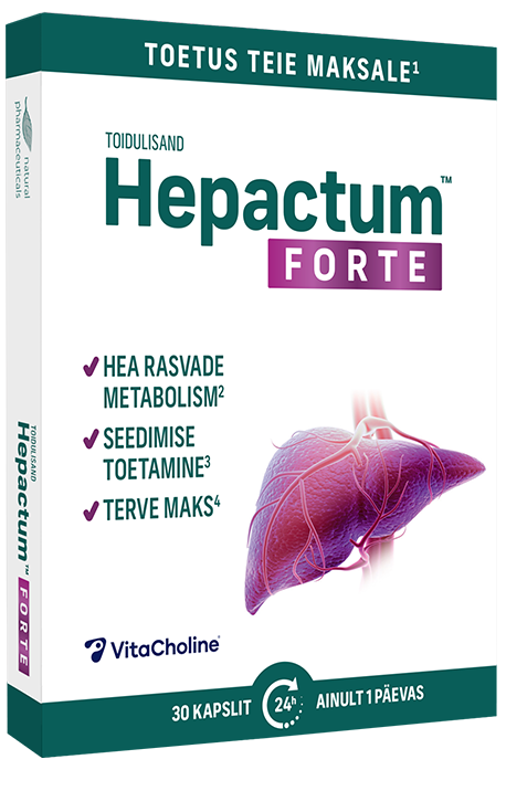 Natural Pharmaceuticals Hepactum&trade; FORTE Hepactum&trade; FORTE toidulisandi pakend. Pakendil on kujutatud inimese maks ja järgmised märked: „Hea rasvade metabolism”, „Seedimise toetamine”, „Terve maks”. Pakendil on märgitud, et pakendis on 30 kapslit ja soovitus võtta üks kapsel päevas.