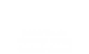 Natural Pharmaceuticals Hepactum&trade; FORTE Valge ikoon, mis kujutab avatud kapslit, millest valuvad välja täpid, asetatud ringi sees. Allpool on valge tekst: „KLOROFÜLLIGA VÄRVITUD KAPSEL (looduslik värvaine)”.