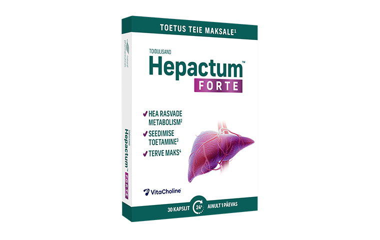 Natural Pharmaceuticals Hepactum™ FORTE toidulisandi ühe kuu proovipaki pakend. Pakendil on inimese maksa kujutis ning märgised rasvade metabolismi, seedimise toetamise ja terve maksa kohta.