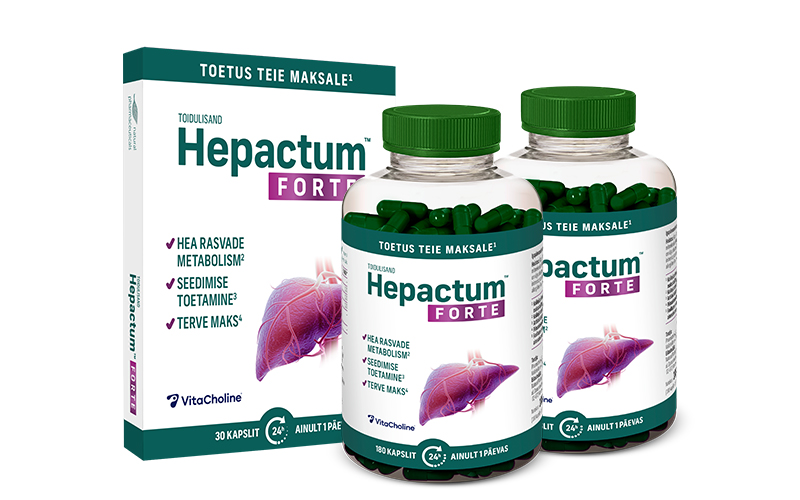 Natural Pharmaceuticals Hepactum™ FORTE komplekt ühe kuu proovipaki ja kahe aastavaru pudeliga. Pakendid sisaldavad rohelisi kapsleid ning etiketil on inimese maksa kujutis.