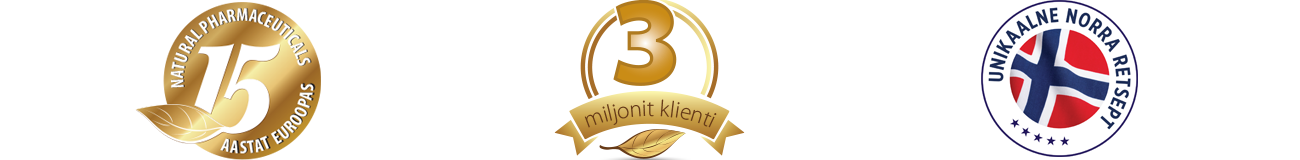 Natural Pharmaceuticals Hepactum™ FORTE Kolm reklaammärki heleda halli taustaga. Vasakult: 1) Kuldmedal numbriga 15 ja kirjaga „NATURAL PHARMACEUTICALS – 15 AASTAT EUROOPAS”, allosas lehekujuga; 2) Kuldmärk numbriga 3 ja kirjaga „miljonit klienti”, samuti lehekujuga; 3) Ümmargune märk Norra lipu ja kirjaga „UNIKAALNE NORRA RETSEPT”.