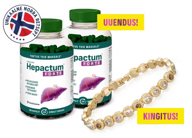 Natural Pharmaceuticals Hepactum™ FORTE Kaks Hepactum™ FORTE toidulisandi pudelit roheliste kapslitega. Kõrval on kuldne käevõru. Vasakul ülemises nurgas on ümmargune embleem Norra lipu ja kirjaga „UNIKAALNE NORRA RETSEPT”. Paremal kollasel taustal lilla-roosa kirjad: „UUENDUS!” ja „KINGITUS!”.