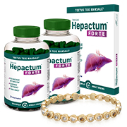 Natural Pharmaceuticals Hepactum™ FORTE Hepactum™ FORTE toidulisandi reklaamkomplekt. Esimesel plaanil on kaks läbipaistvat pudelit roheliste kapslitega, kõrval toote kartongpakend. Pakenditel on maksa kujutis ja loosungid: „Hea rasvade metabolism”, „Seedimise toetamine”, „Terve maks”. Allosas on näha kuldne käevõru ümmarguste kivikestega.