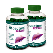 Natural Pharmaceuticals Hepactum™ FORTE Kaks Hepactum™ FORTE toidulisandi pudelit läbipaistvas pakendis roheliste kapslitega ja roheliste korgitega. Etiketil on kujutatud maks ja tekst: „Toetus teie maksale” (Toetus teie maksale).